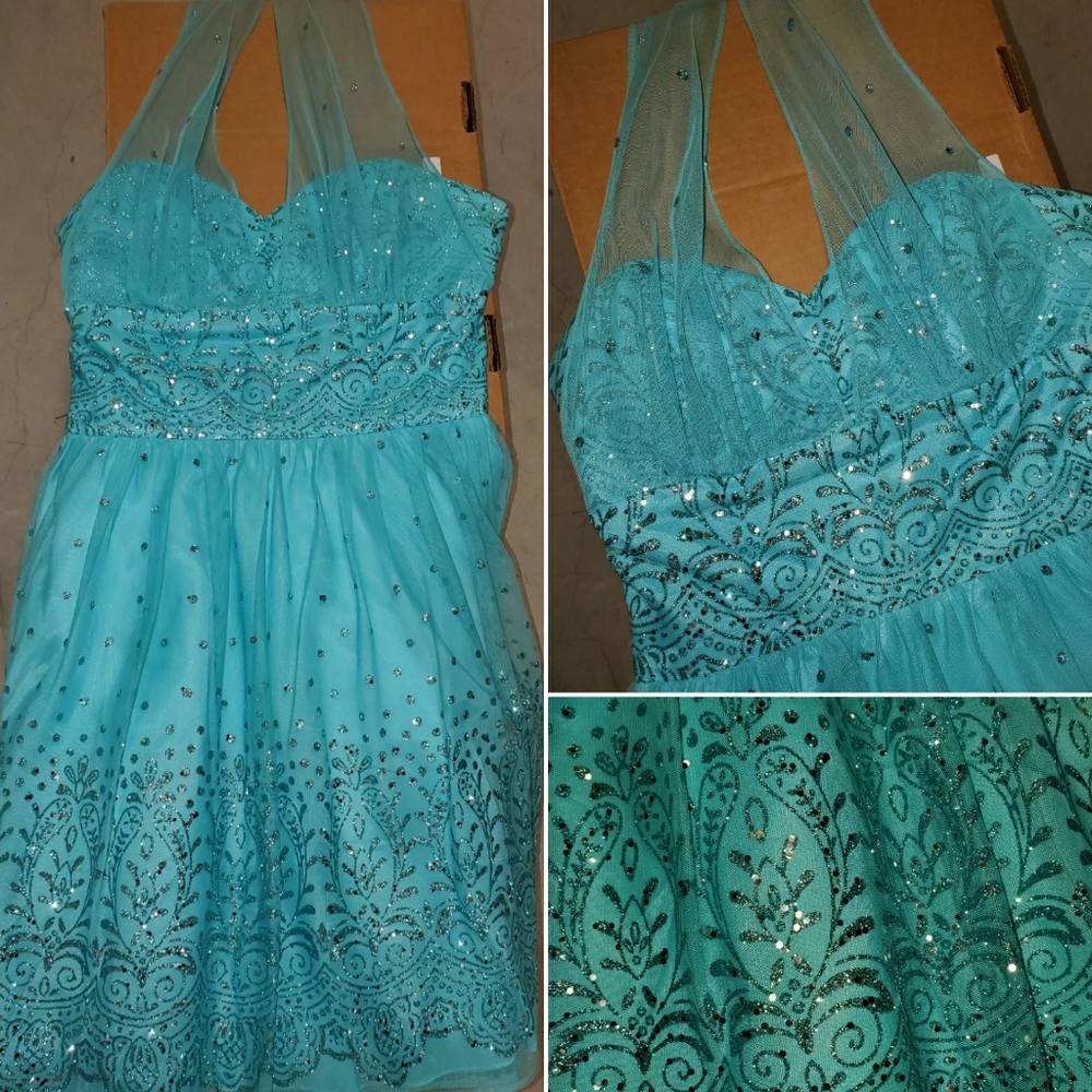 Teal halter cocktail dress